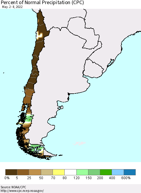 Chile Percent of Normal Precipitation (CPC) Thematic Map For 5/2/2022 - 5/8/2022