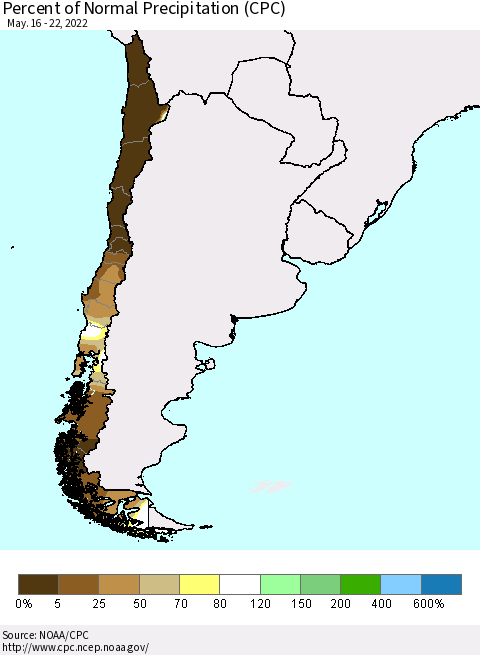 Chile Percent of Normal Precipitation (CPC) Thematic Map For 5/16/2022 - 5/22/2022