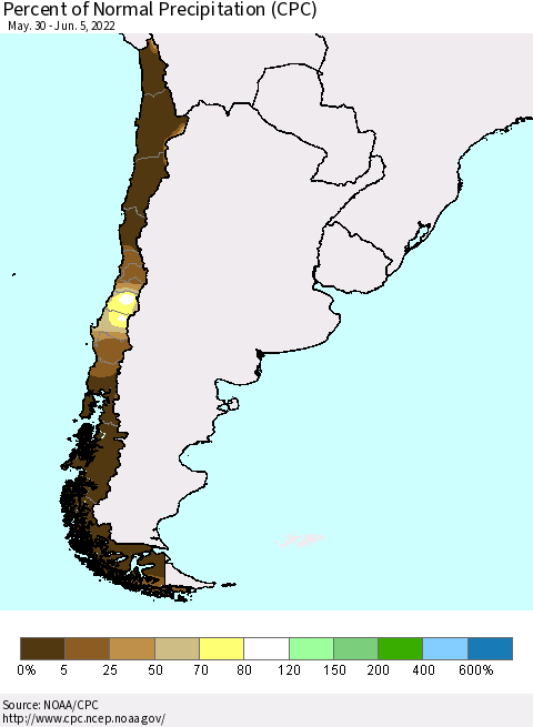 Chile Percent of Normal Precipitation (CPC) Thematic Map For 5/30/2022 - 6/5/2022