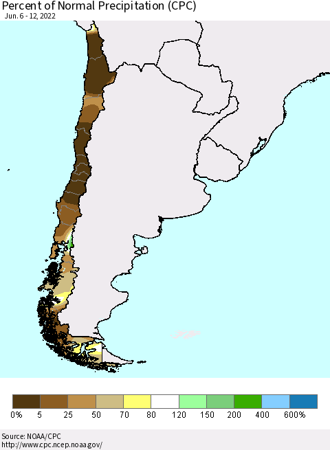 Chile Percent of Normal Precipitation (CPC) Thematic Map For 6/6/2022 - 6/12/2022