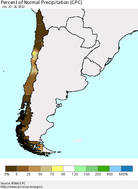 Chile Percent of Normal Precipitation (CPC) Thematic Map For 6/20/2022 - 6/26/2022