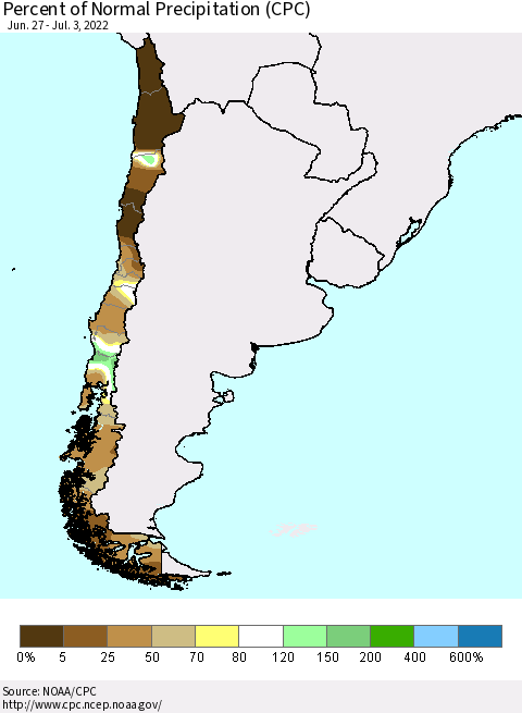 Chile Percent of Normal Precipitation (CPC) Thematic Map For 6/27/2022 - 7/3/2022
