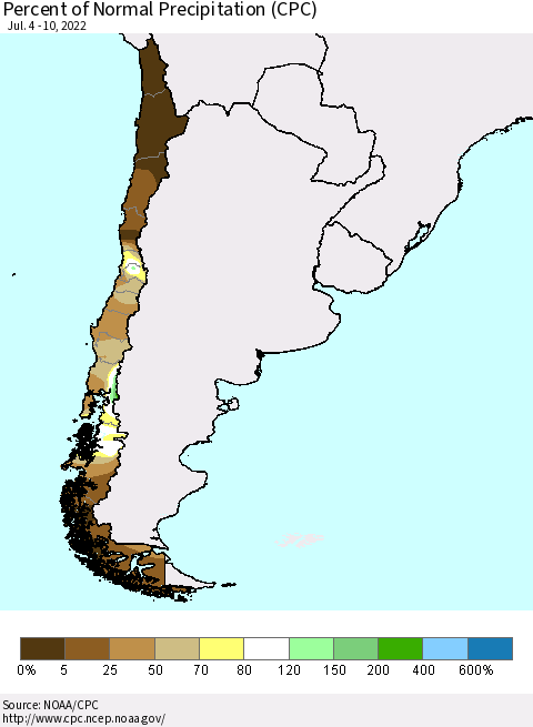 Chile Percent of Normal Precipitation (CPC) Thematic Map For 7/4/2022 - 7/10/2022