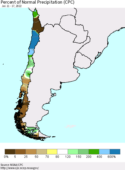 Chile Percent of Normal Precipitation (CPC) Thematic Map For 7/11/2022 - 7/17/2022