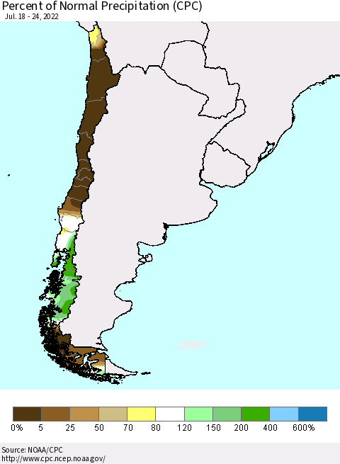 Chile Percent of Normal Precipitation (CPC) Thematic Map For 7/18/2022 - 7/24/2022
