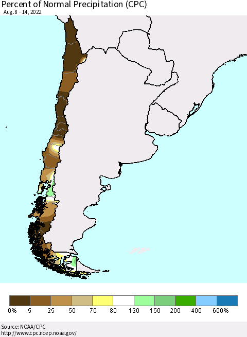 Chile Percent of Normal Precipitation (CPC) Thematic Map For 8/8/2022 - 8/14/2022