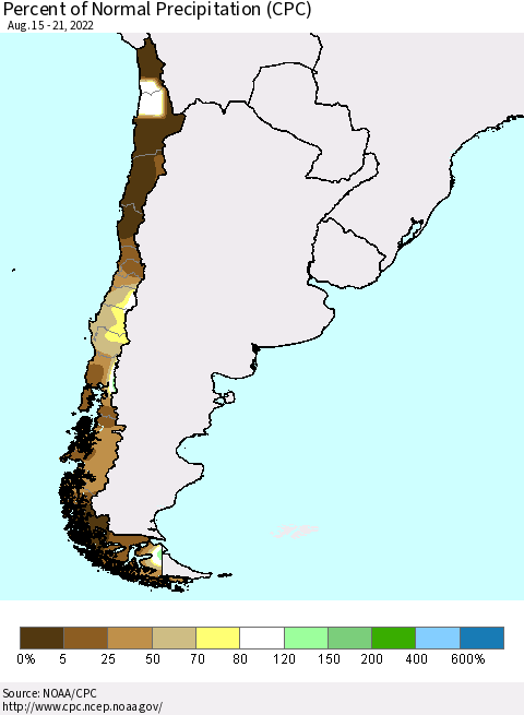 Chile Percent of Normal Precipitation (CPC) Thematic Map For 8/15/2022 - 8/21/2022