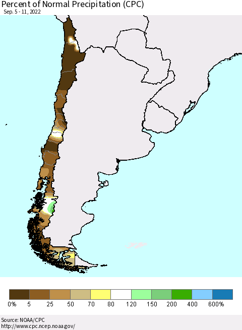 Chile Percent of Normal Precipitation (CPC) Thematic Map For 9/5/2022 - 9/11/2022