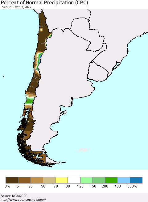 Chile Percent of Normal Precipitation (CPC) Thematic Map For 9/26/2022 - 10/2/2022
