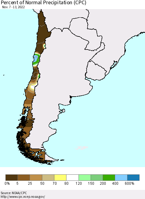 Chile Percent of Normal Precipitation (CPC) Thematic Map For 11/7/2022 - 11/13/2022