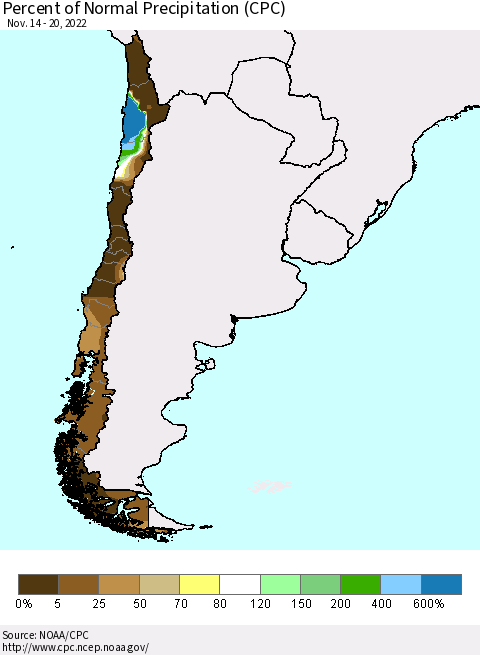 Chile Percent of Normal Precipitation (CPC) Thematic Map For 11/14/2022 - 11/20/2022