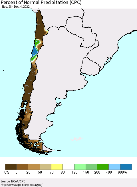 Chile Percent of Normal Precipitation (CPC) Thematic Map For 11/28/2022 - 12/4/2022
