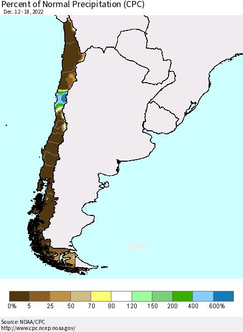 Chile Percent of Normal Precipitation (CPC) Thematic Map For 12/12/2022 - 12/18/2022