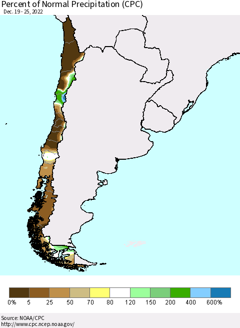 Chile Percent of Normal Precipitation (CPC) Thematic Map For 12/19/2022 - 12/25/2022