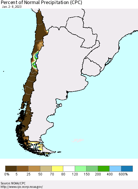 Chile Percent of Normal Precipitation (CPC) Thematic Map For 1/2/2023 - 1/8/2023