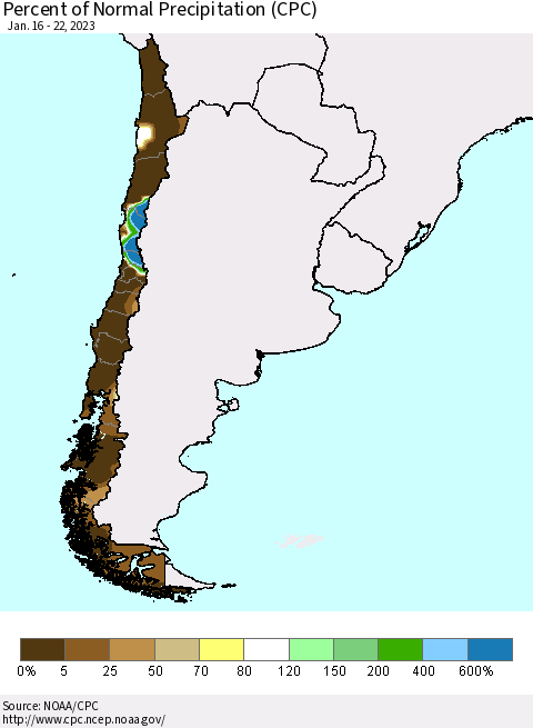 Chile Percent of Normal Precipitation (CPC) Thematic Map For 1/16/2023 - 1/22/2023