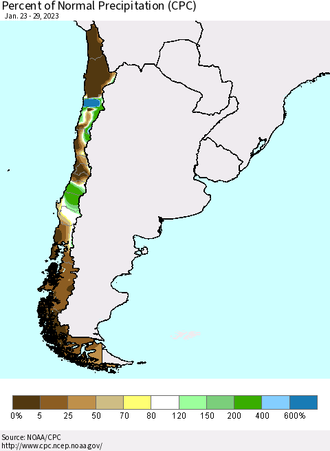 Chile Percent of Normal Precipitation (CPC) Thematic Map For 1/23/2023 - 1/29/2023