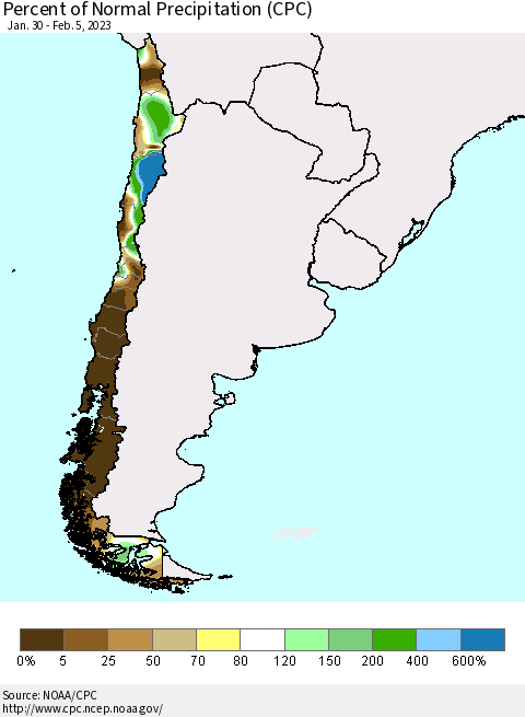 Chile Percent of Normal Precipitation (CPC) Thematic Map For 1/30/2023 - 2/5/2023