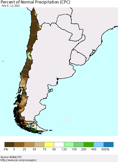 Chile Percent of Normal Precipitation (CPC) Thematic Map For 2/6/2023 - 2/12/2023