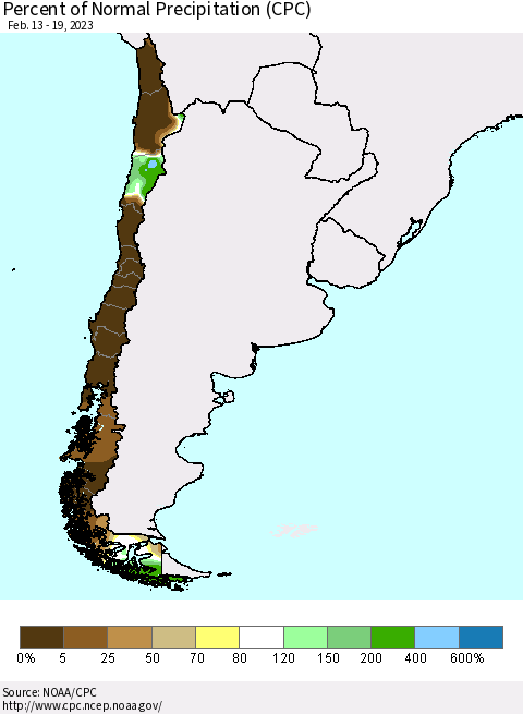 Chile Percent of Normal Precipitation (CPC) Thematic Map For 2/13/2023 - 2/19/2023