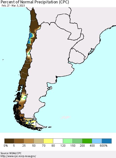 Chile Percent of Normal Precipitation (CPC) Thematic Map For 2/27/2023 - 3/5/2023