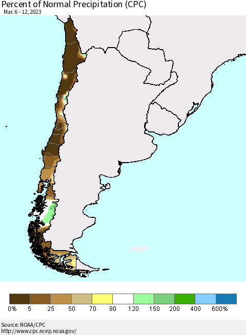 Chile Percent of Normal Precipitation (CPC) Thematic Map For 3/6/2023 - 3/12/2023