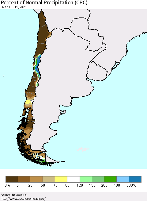 Chile Percent of Normal Precipitation (CPC) Thematic Map For 3/13/2023 - 3/19/2023