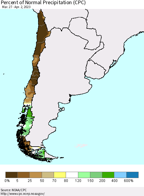 Chile Percent of Normal Precipitation (CPC) Thematic Map For 3/27/2023 - 4/2/2023