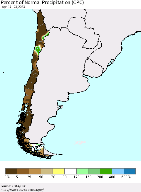 Chile Percent of Normal Precipitation (CPC) Thematic Map For 4/17/2023 - 4/23/2023