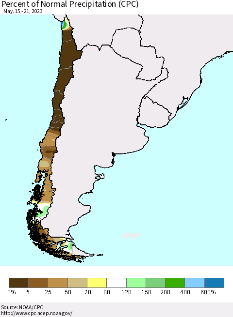 Chile Percent of Normal Precipitation (CPC) Thematic Map For 5/15/2023 - 5/21/2023