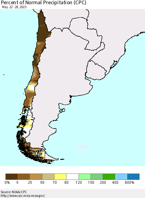 Chile Percent of Normal Precipitation (CPC) Thematic Map For 5/22/2023 - 5/28/2023