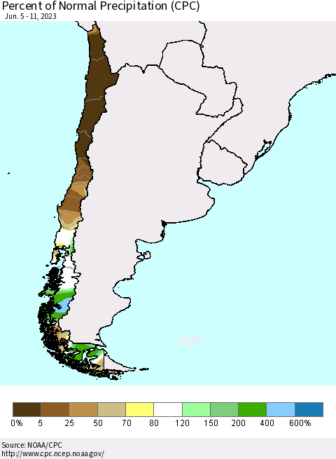 Chile Percent of Normal Precipitation (CPC) Thematic Map For 6/5/2023 - 6/11/2023