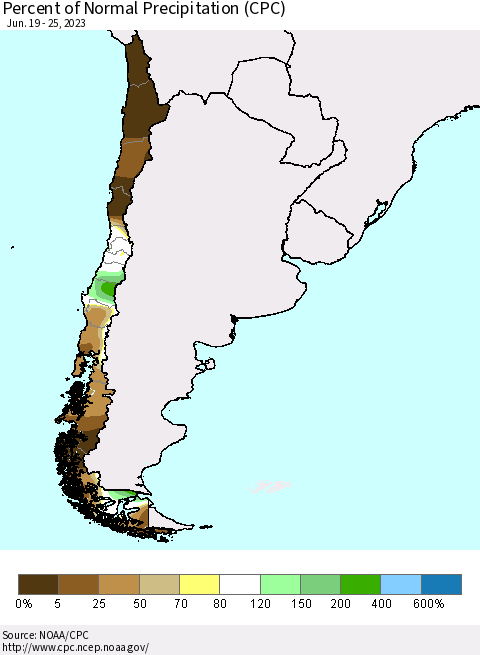 Chile Percent of Normal Precipitation (CPC) Thematic Map For 6/19/2023 - 6/25/2023