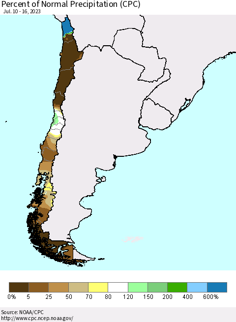 Chile Percent of Normal Precipitation (CPC) Thematic Map For 7/10/2023 - 7/16/2023