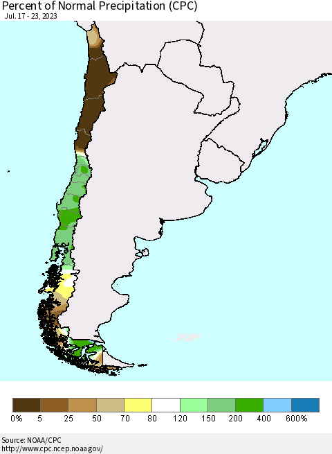 Chile Percent of Normal Precipitation (CPC) Thematic Map For 7/17/2023 - 7/23/2023