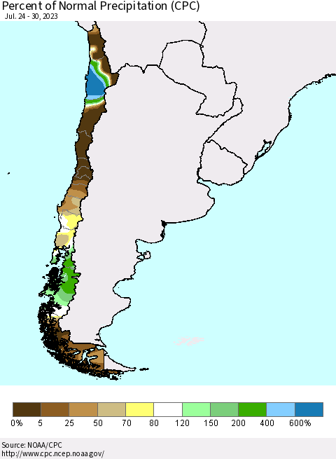 Chile Percent of Normal Precipitation (CPC) Thematic Map For 7/24/2023 - 7/30/2023