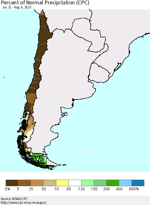 Chile Percent of Normal Precipitation (CPC) Thematic Map For 7/31/2023 - 8/6/2023