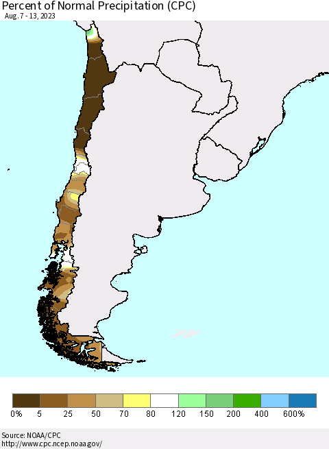 Chile Percent of Normal Precipitation (CPC) Thematic Map For 8/7/2023 - 8/13/2023