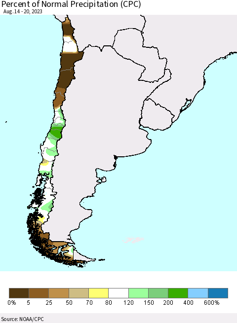 Chile Percent of Normal Precipitation (CPC) Thematic Map For 8/14/2023 - 8/20/2023