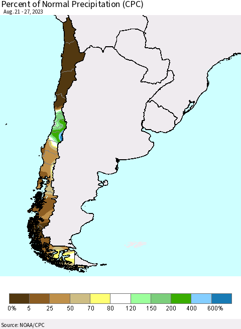 Chile Percent of Normal Precipitation (CPC) Thematic Map For 8/21/2023 - 8/27/2023