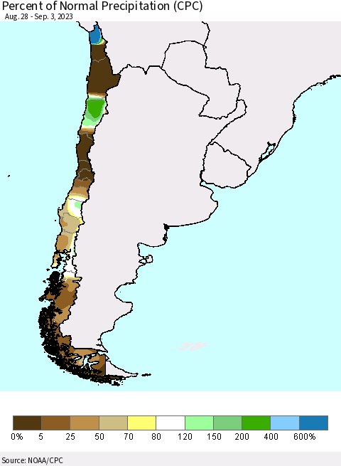 Chile Percent of Normal Precipitation (CPC) Thematic Map For 8/28/2023 - 9/3/2023
