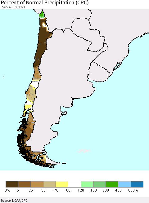 Chile Percent of Normal Precipitation (CPC) Thematic Map For 9/4/2023 - 9/10/2023