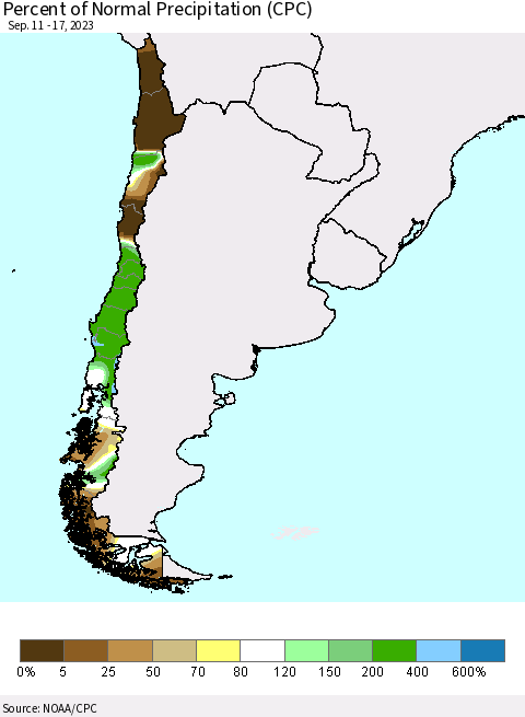 Chile Percent of Normal Precipitation (CPC) Thematic Map For 9/11/2023 - 9/17/2023