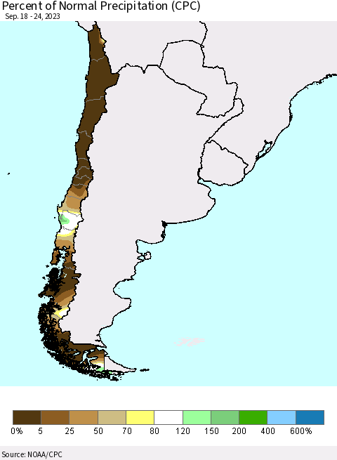 Chile Percent of Normal Precipitation (CPC) Thematic Map For 9/18/2023 - 9/24/2023