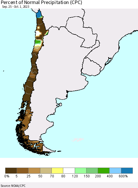 Chile Percent of Normal Precipitation (CPC) Thematic Map For 9/25/2023 - 10/1/2023