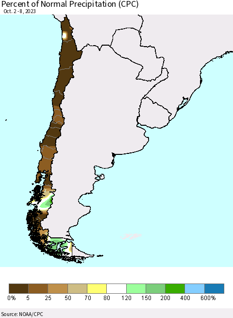 Chile Percent of Normal Precipitation (CPC) Thematic Map For 10/2/2023 - 10/8/2023