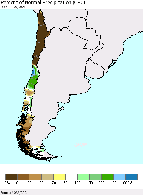 Chile Percent of Normal Precipitation (CPC) Thematic Map For 10/23/2023 - 10/29/2023