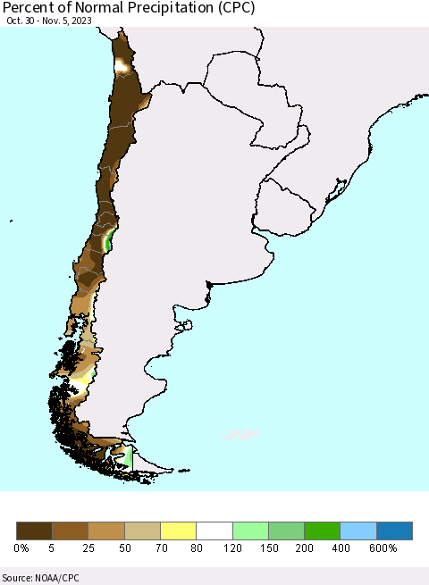 Chile Percent of Normal Precipitation (CPC) Thematic Map For 10/30/2023 - 11/5/2023