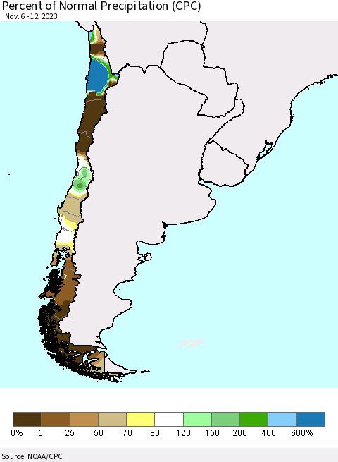 Chile Percent of Normal Precipitation (CPC) Thematic Map For 11/6/2023 - 11/12/2023