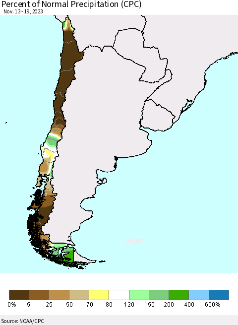 Chile Percent of Normal Precipitation (CPC) Thematic Map For 11/13/2023 - 11/19/2023